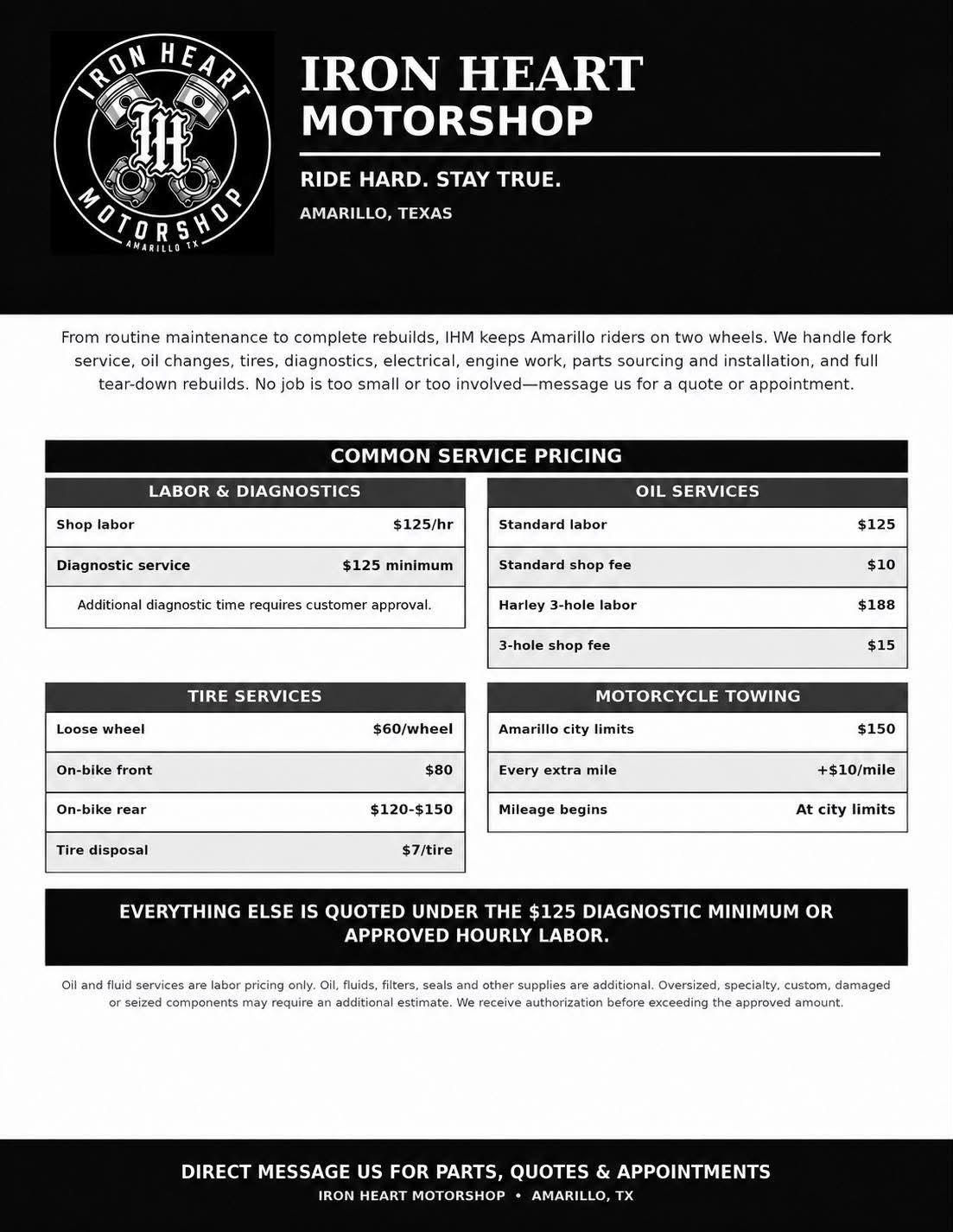 Iron Heart Motorshop service pricing sheet