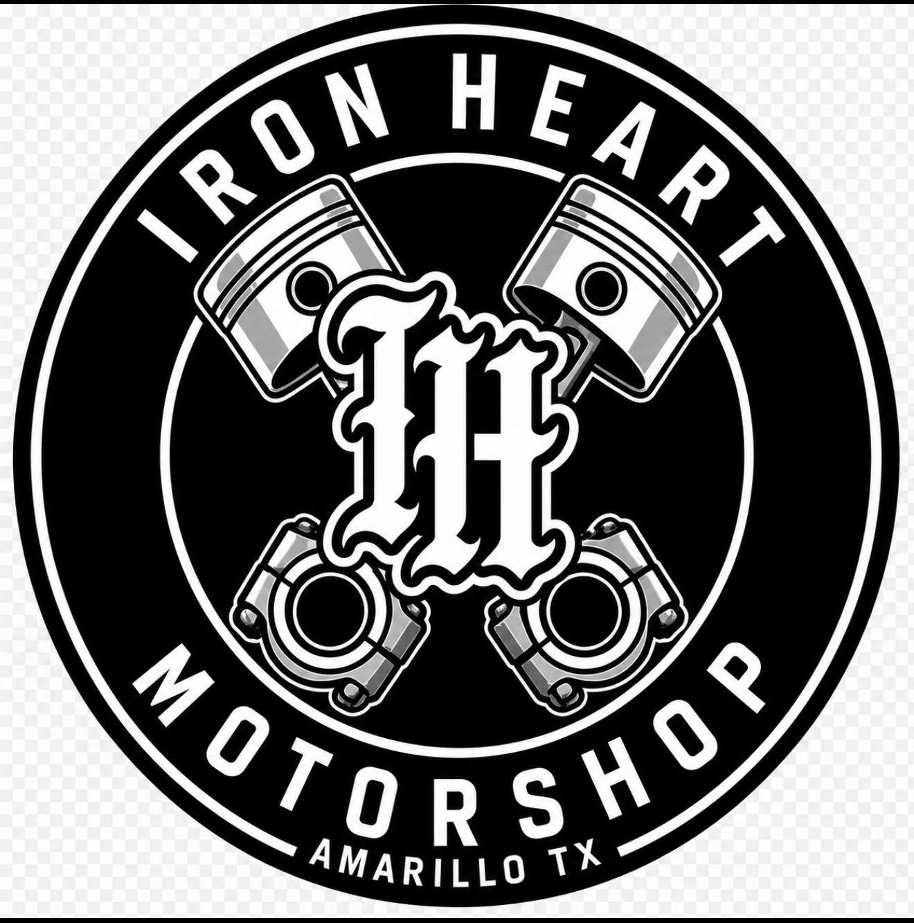 Iron Heart Motorshop round emblem with crossed pistons and turbochargers